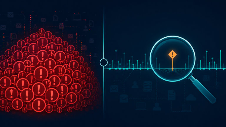 A vector split-screen comparing alert noise in UEBA vs traditional security monitoring to find threats.