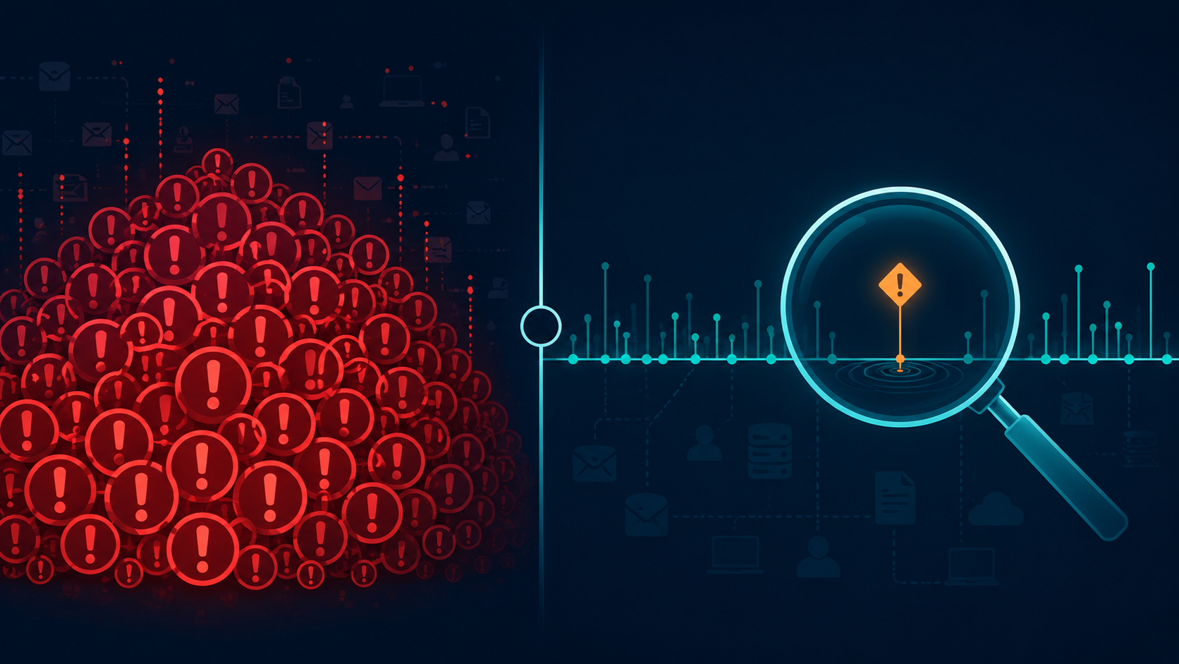 A vector split-screen comparing alert noise in UEBA vs traditional security monitoring to find threats. 