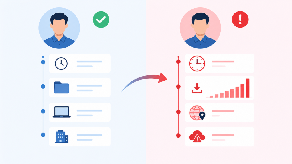 Flat illustration comparing normal user behavior timelines against anomalous data spikes and alerts.