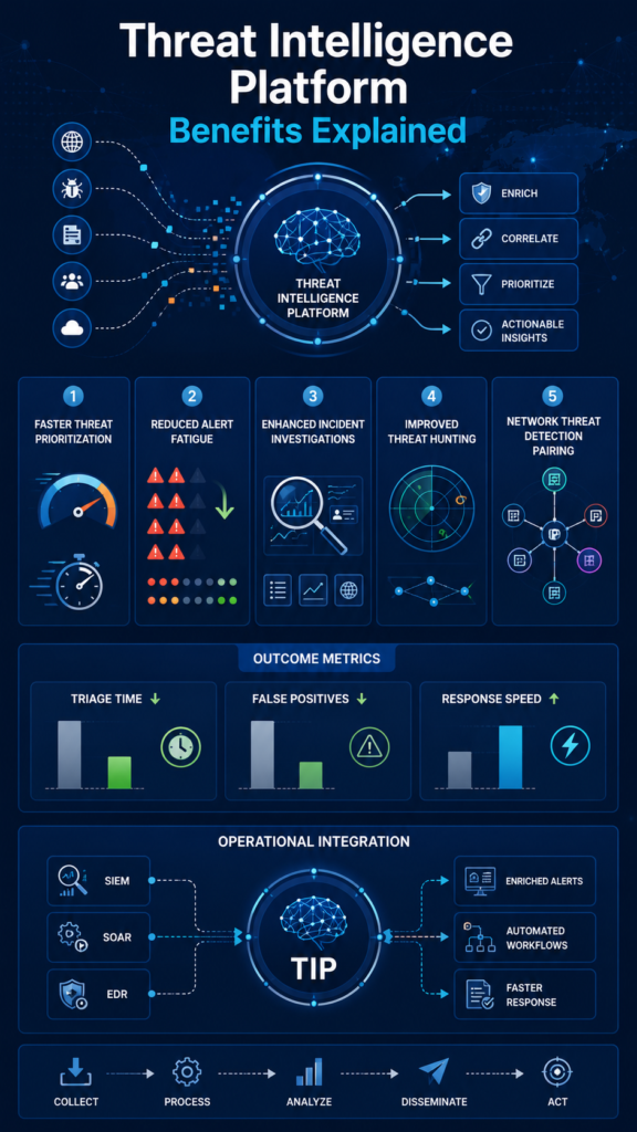 Infographic: Threat intelligence platform benefits explained with faster prioritization, fewer alerts, and stronger SOC efficiency.