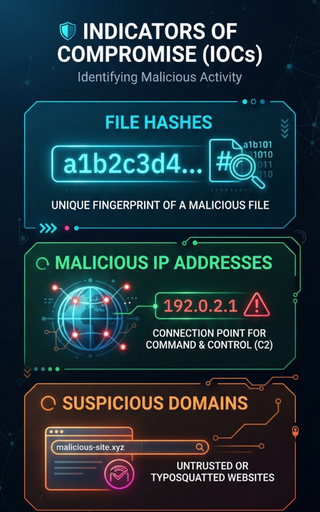 Infographic showing examples common indicators compromise file hashes ips