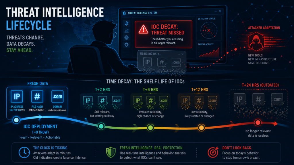 Graphic showing the time decay of data when using IOCs for reactive threat detection, leaving the network vulnerable.