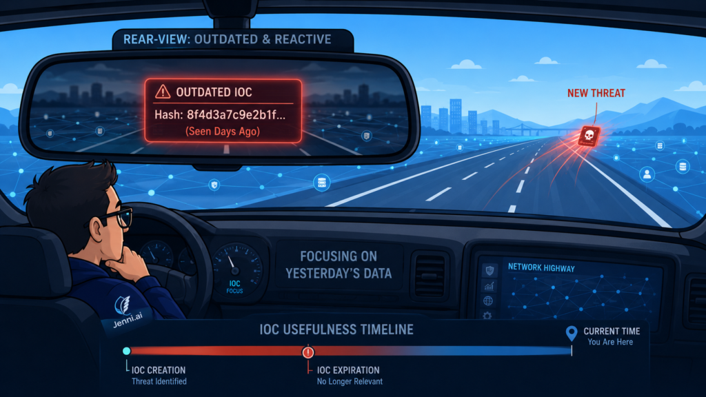Rear-view mirror concept showing the limits of using IOCs for reactive threat detection against fast-moving cyber attacks.