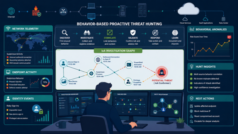 Featured Image: Leveraging IoAs proactive threat hunting using network, endpoint, and identity telemetry to detect threats early.