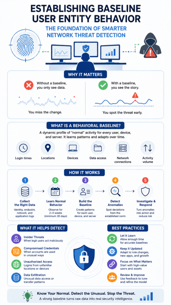 Infographic flow chart establishing baseline user entity behavior by comparing normal and anomalous data.