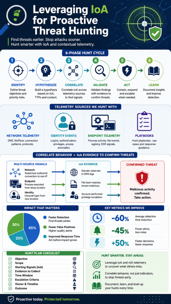 Infographic showing leveraging IoAs proactive threat hunting workflow, telemetry correlation, and key detection metrics. 