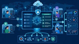 Sharing IOCs IOAs security community visualization showing analysts validating threat intelligence before sharing indicators. 