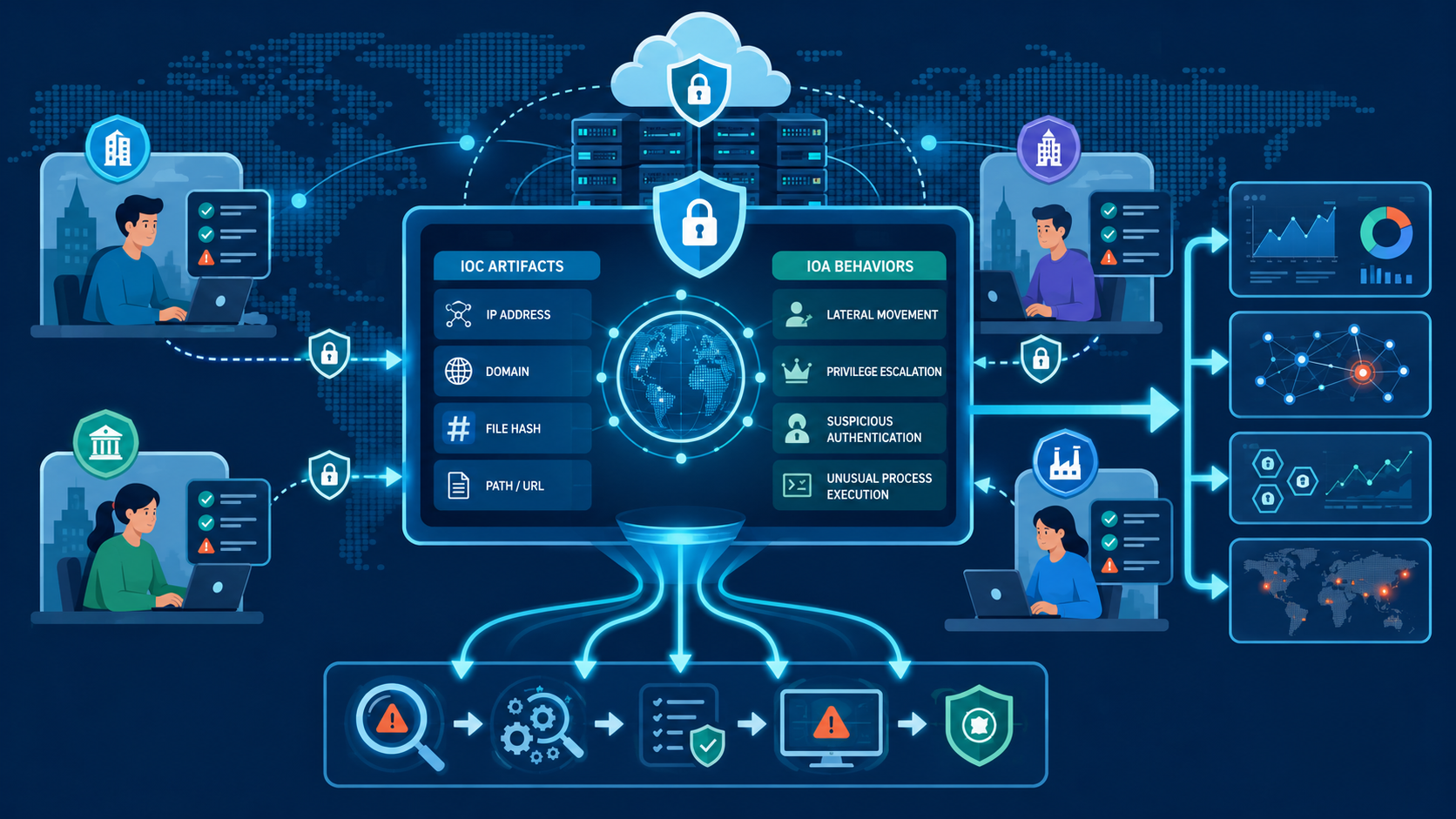 Sharing IOCs IOAs security community visualization showing analysts validating threat intelligence before sharing indicators. 
