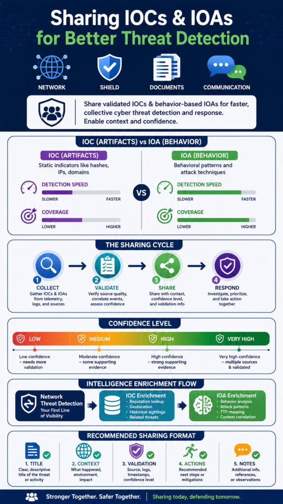 Infographic: Sharing IOCs IOAs security community workflow from validation and enrichment to detection and community sharing.