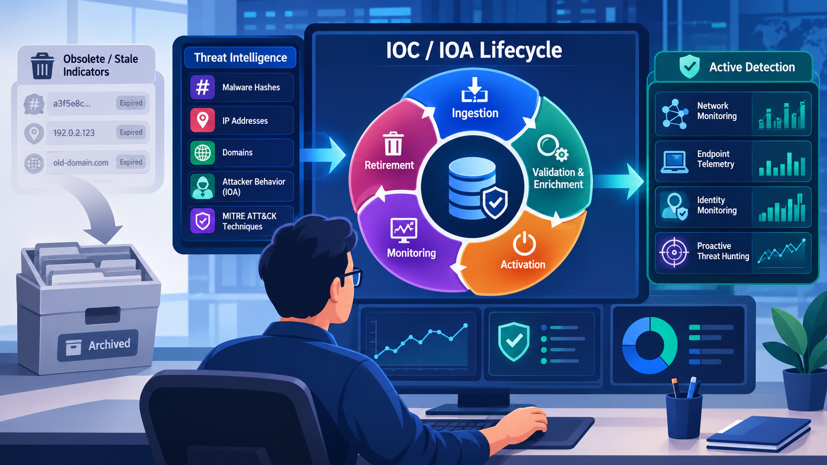 Managing IOC IOA database lifecycle with validation, enrichment, prioritization, and automated threat detection. 