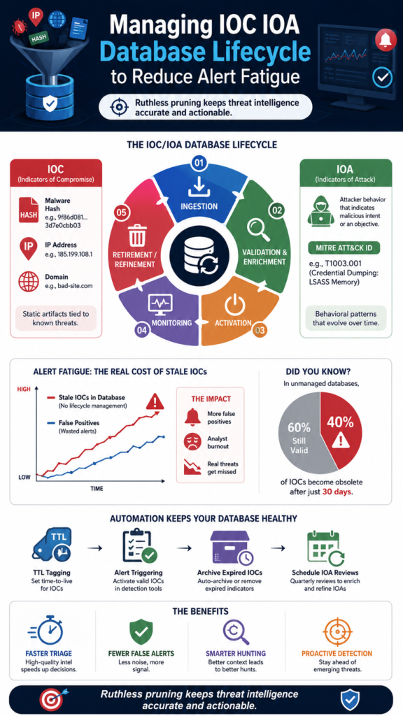 Infographic: Managing IOC IOA database lifecycle showing collection, validation, enrichment, deployment, and retirement stages.