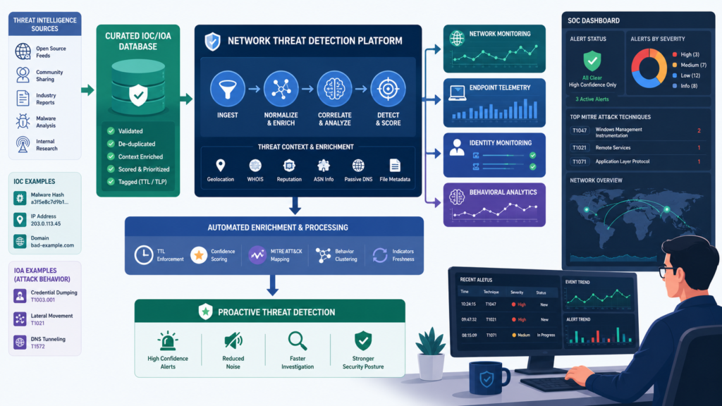 Workflow for managing IOC IOA database lifecycle from collection to continuous updates and threat hunting.