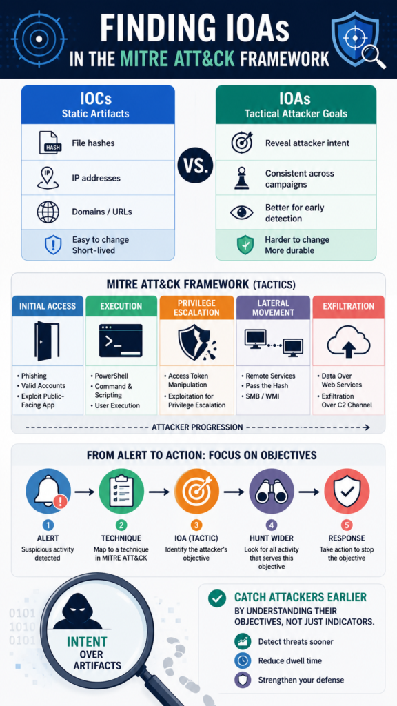 Infographic: Finding IOAs MITRE ATT&CK framework showing attacker behaviors mapped to MITRE ATT&CK tactics.