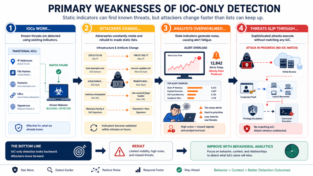 Featured Image: Limitations relying solely IoCs illustrated through IoC-based detection versus behavior analytics.