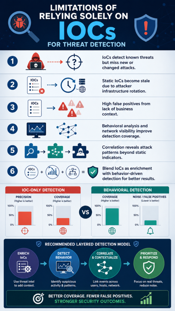 Infographic: Infographic comparing limitations relying solely IoCs with behavior detection for broader threat coverage.