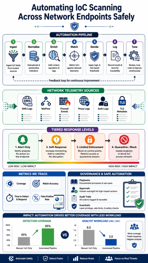 Infographic: Infographic showing automating IoC scanning network endpoints from IoC validation to analyst investigation.