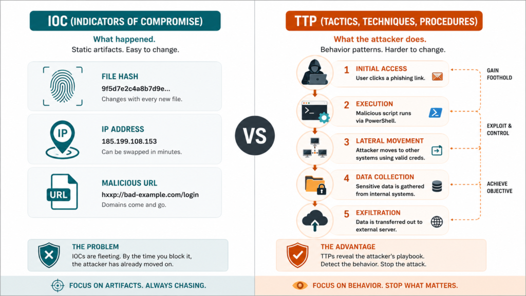 Vector diagram showing examples of indicators of compromise examples indicators attack ttps behavior.
