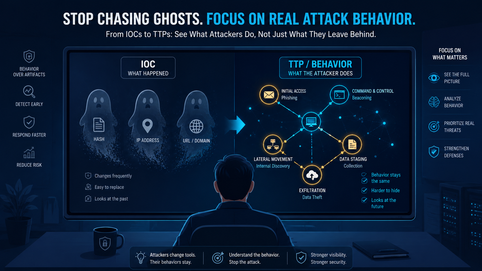 Vector diagram showing examples of indicators of compromise versus attack TTPs and behaviors. 