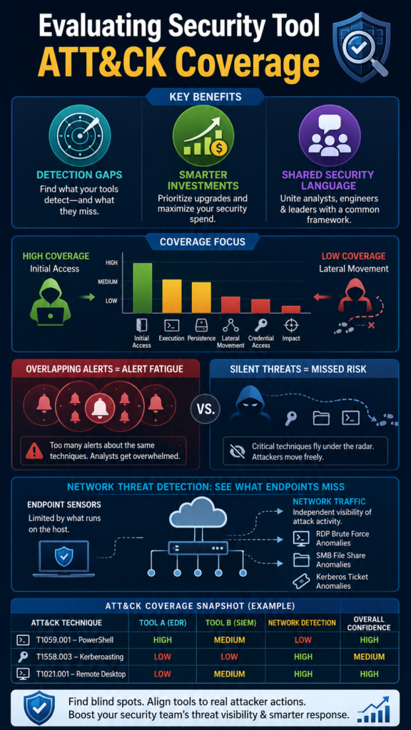 Infographic: Evaluating security tool ATT&CK coverage through gap analysis, validation, and continuous improvement. 