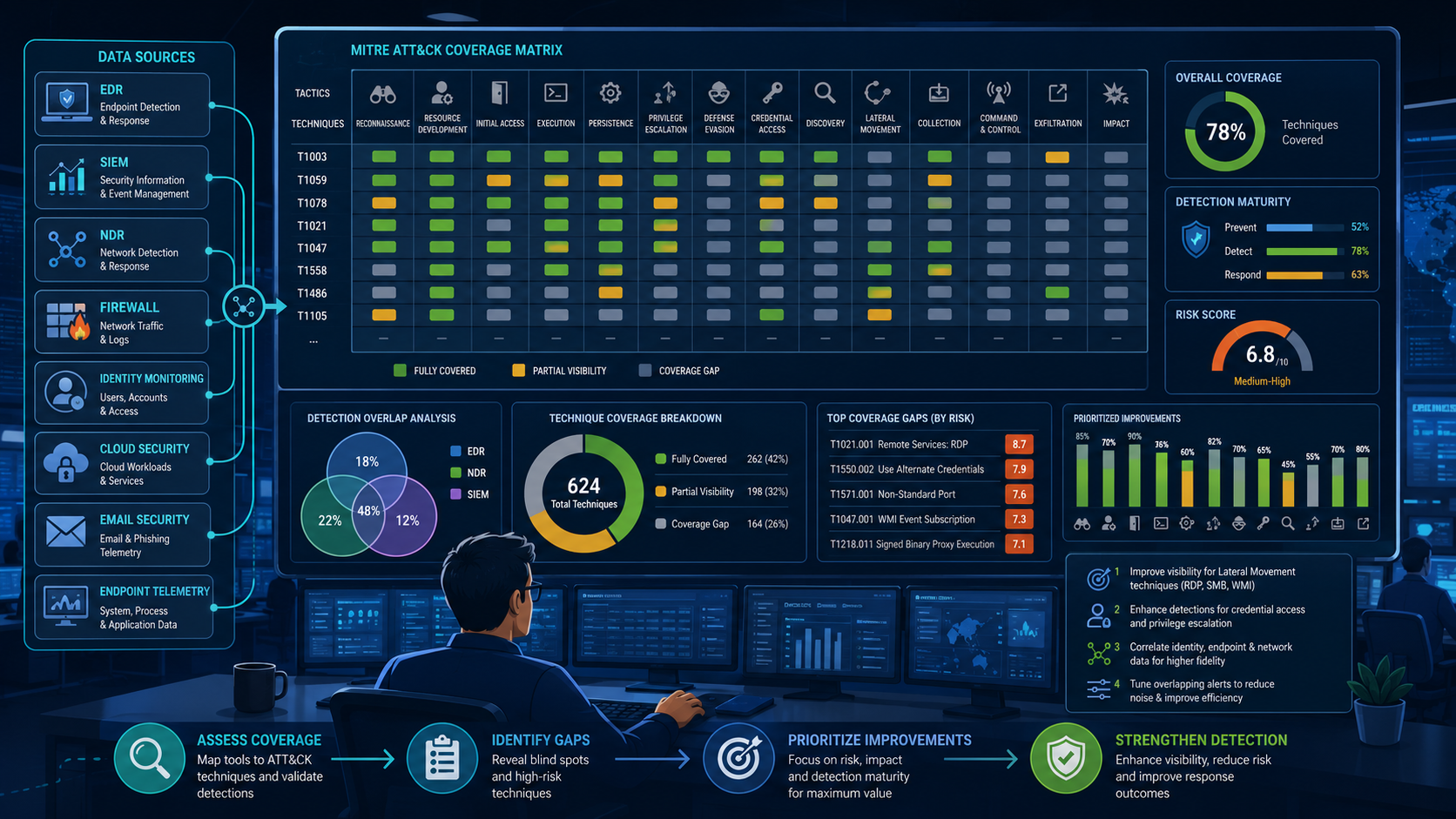 Evaluating security tool ATT&CK coverage with analysts mapping detections to improve threat visibility. 