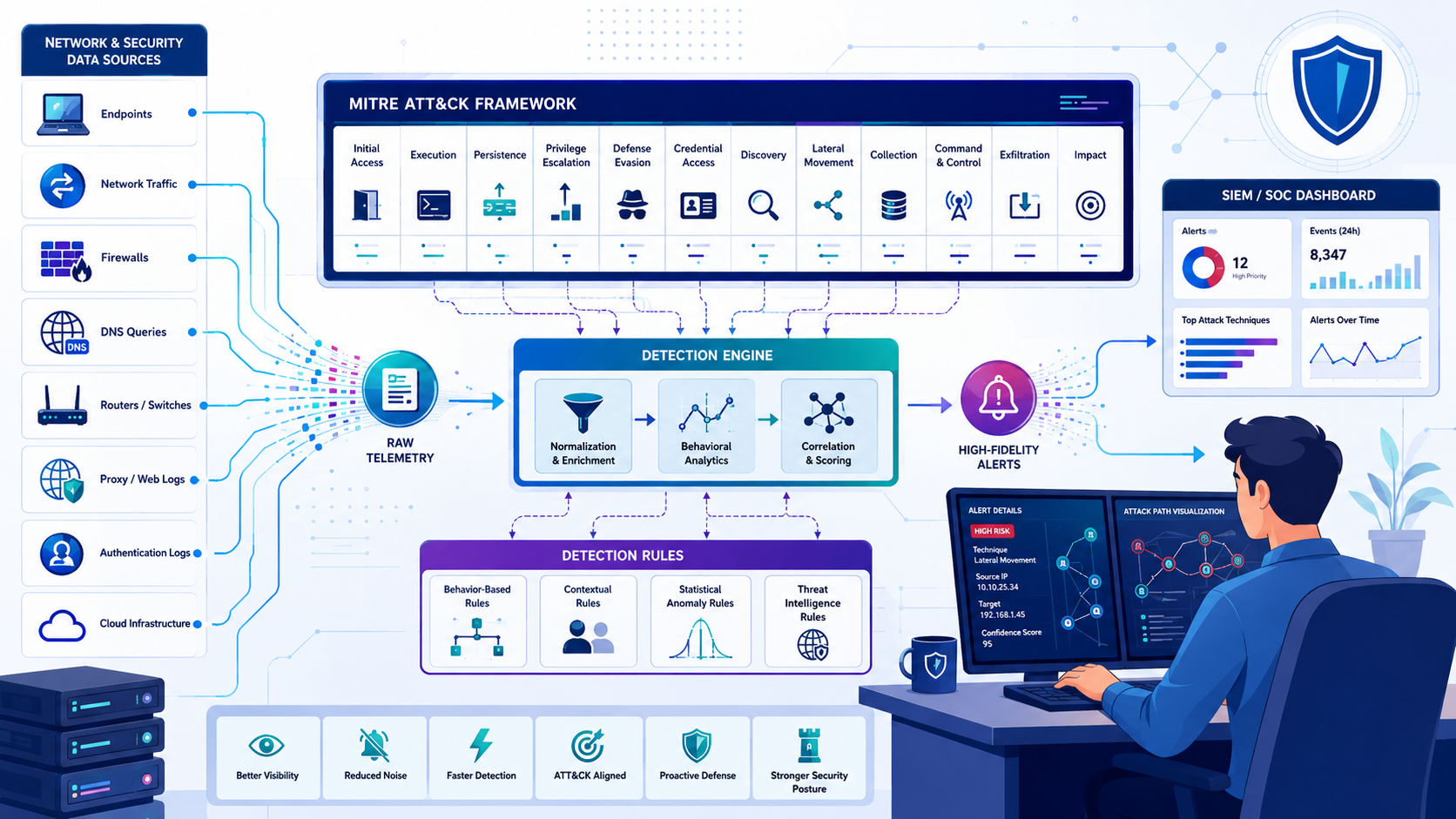 Developing ATT&CK based detection rules with intelligent SOC analytics and network telemetry visualization. 