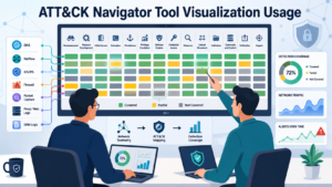 ATT&CK Navigator tool visualization usage showing mapped techniques and detection coverage across tactics. 