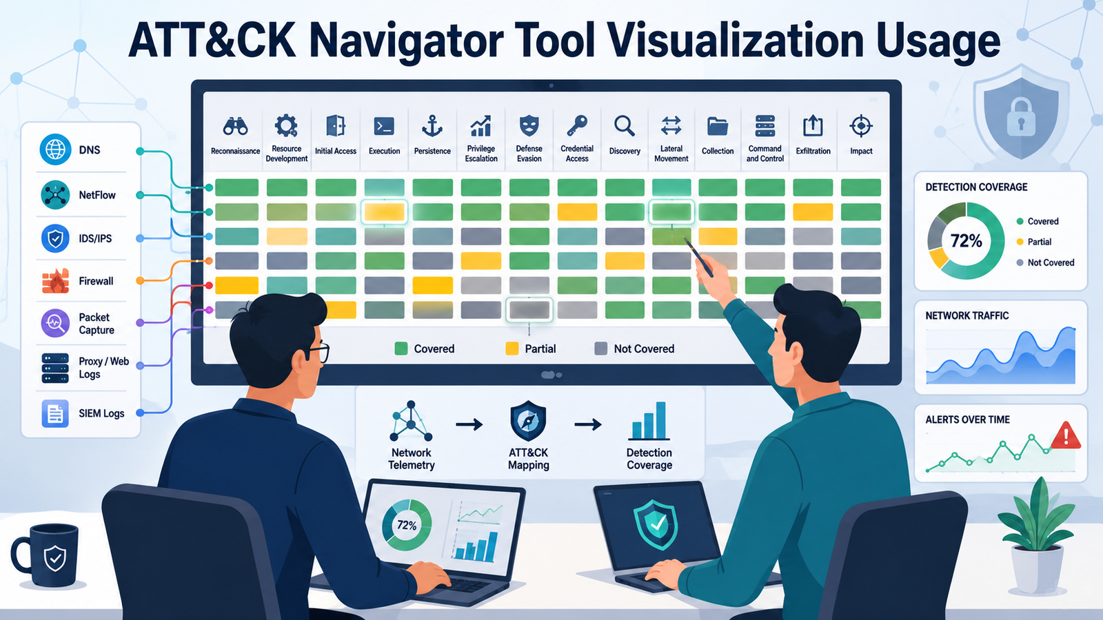 ATT&CK Navigator tool visualization usage showing mapped techniques and detection coverage across tactics. 