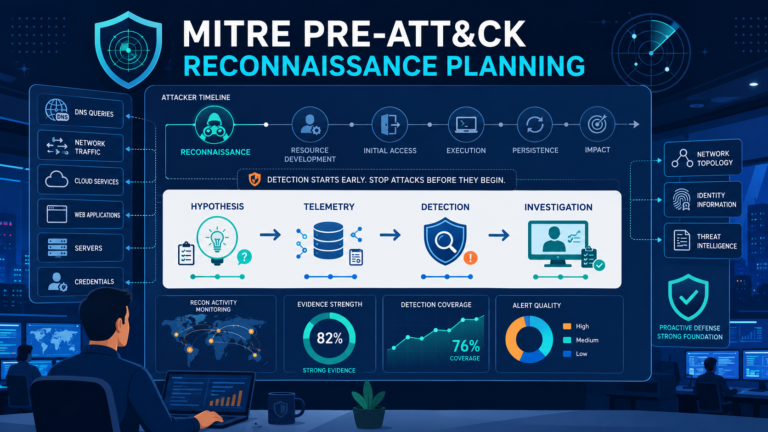 Featured Image: MITRE PRE-ATT&CK reconnaissance planning workflow with analyst reviewing early threat detection strategy and telemetry.