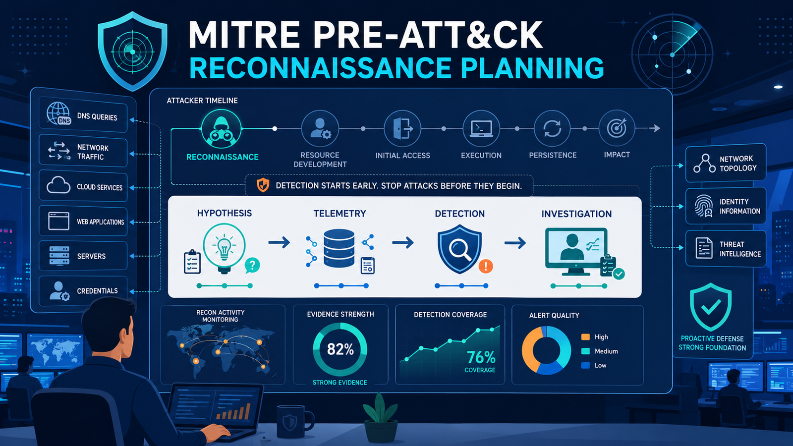 Featured Image: MITRE PRE-ATT&CK reconnaissance planning workflow with analyst reviewing early threat detection strategy and telemetry. 