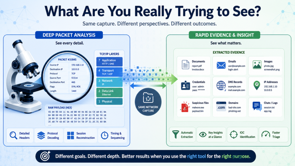 Network forensics tools comparison Wireshark NetworkMiner illustrating packet inspection versus evidence visibility. 