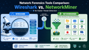 Network forensics tools comparison Wireshark NetworkMiner showing deep packet analysis and evidence extraction. 