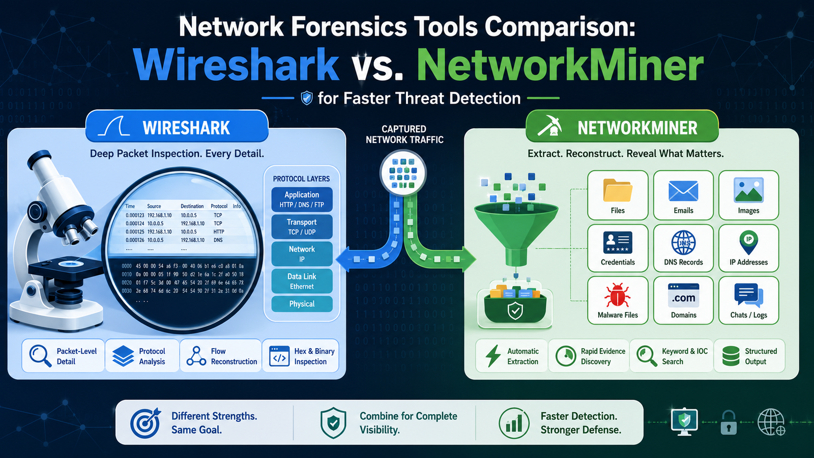 Network forensics tools comparison Wireshark NetworkMiner showing deep packet analysis and evidence extraction. 