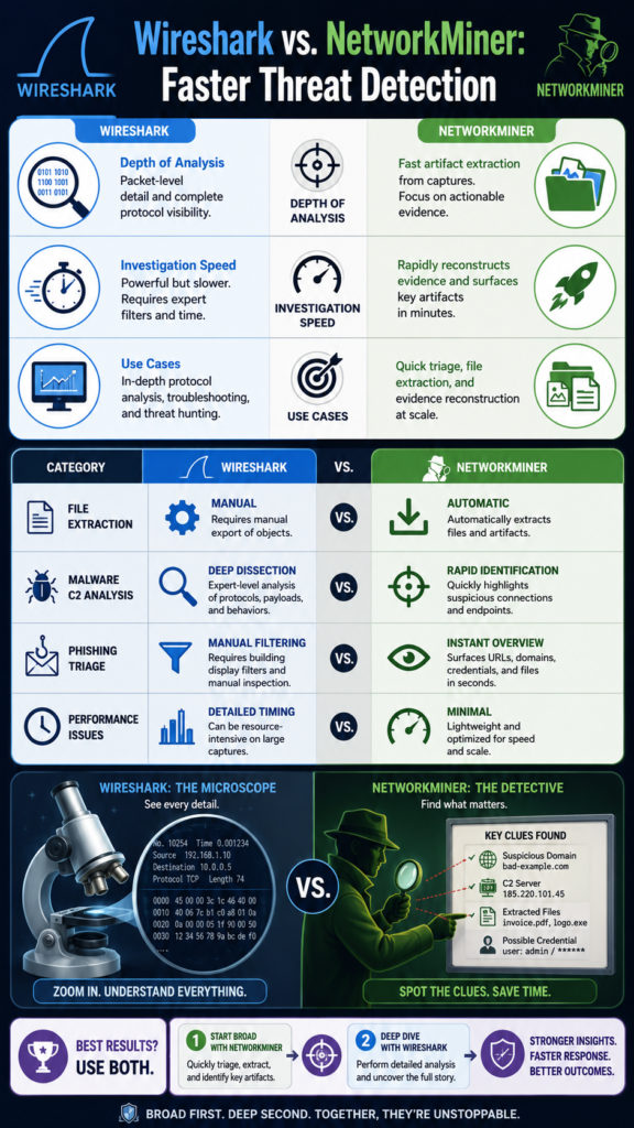 Infographic:Network forensics tools comparison Wireshark NetworkMiner infographic comparing analysis depth, speed, and use cases.
