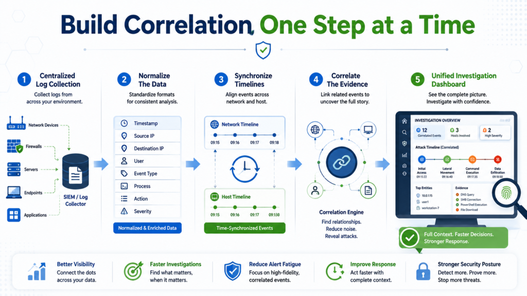 Correlating network host forensic data workflow showing log collection, normalization, and unified investigations.