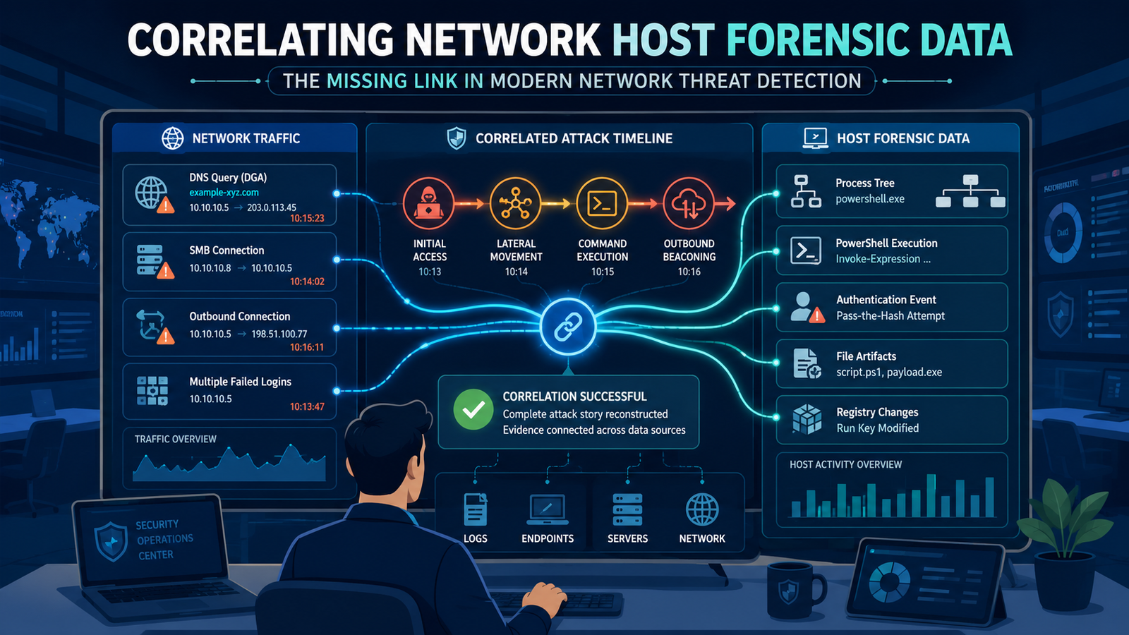 Correlating network host forensic data connects network events and host evidence for faster, more accurate threat detection. 