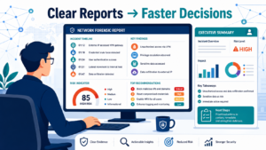 Modern vector illustration of reporting network forensic findings clearly with structured reports and executive dashboard. 