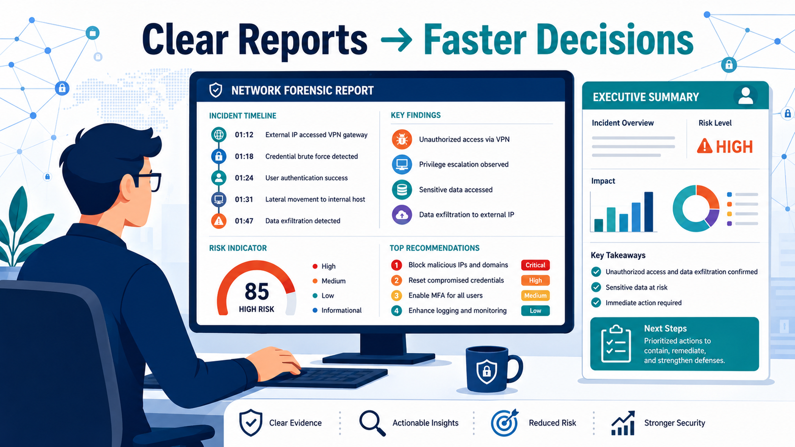 Modern vector illustration of reporting network forensic findings clearly with structured reports and executive dashboard. 