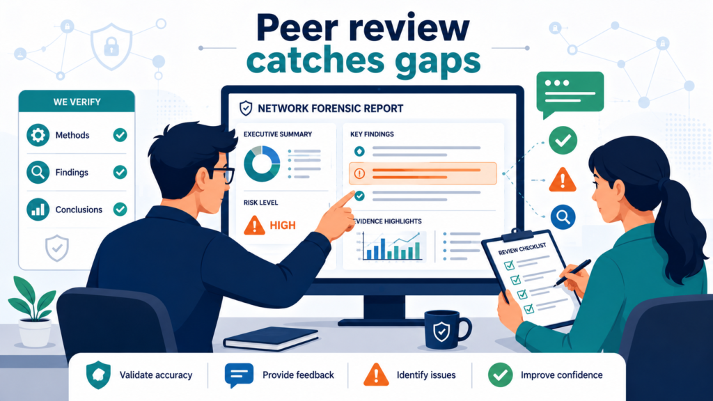 Two analysts collaborating on reporting network forensic findings clearly through peer review and quality checks. 