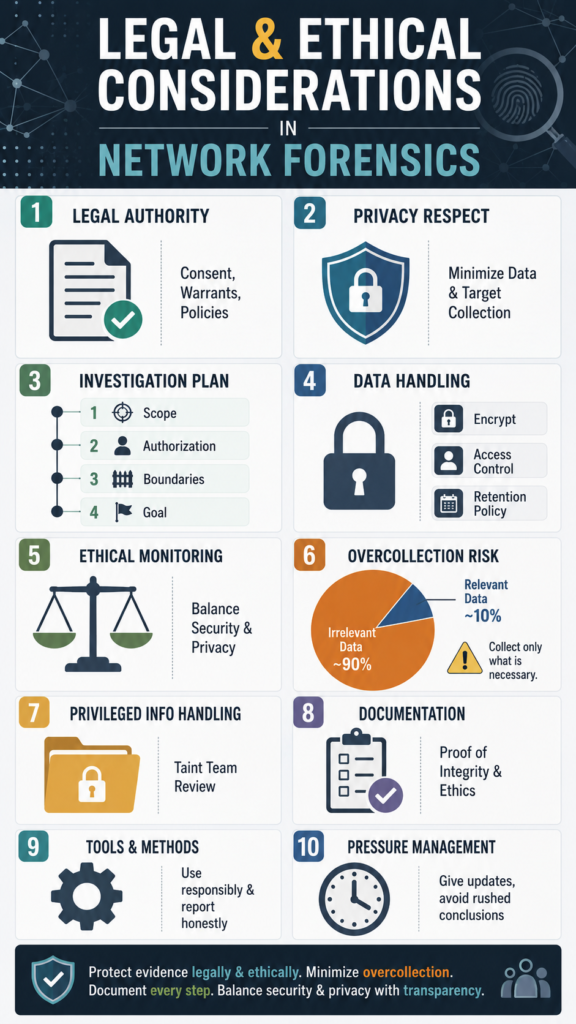 Infographic: Infographic summarizing legal ethical considerations network forensics, privacy, compliance, and evidence handling.