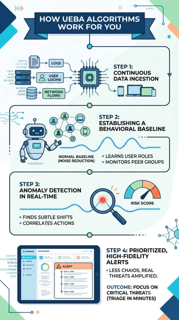 A composite infographic showing machine learning algorithms UEBA systems in action