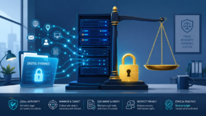 Flat vector of legal ethical considerations network forensics with security analyst and legal consultant collaborating. 