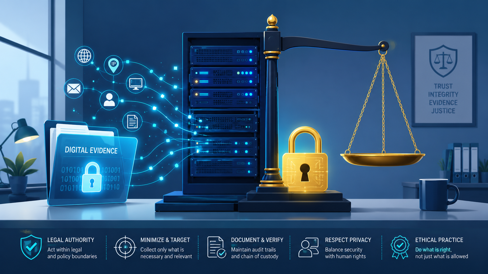Flat vector of legal ethical considerations network forensics with security analyst and legal consultant collaborating. 