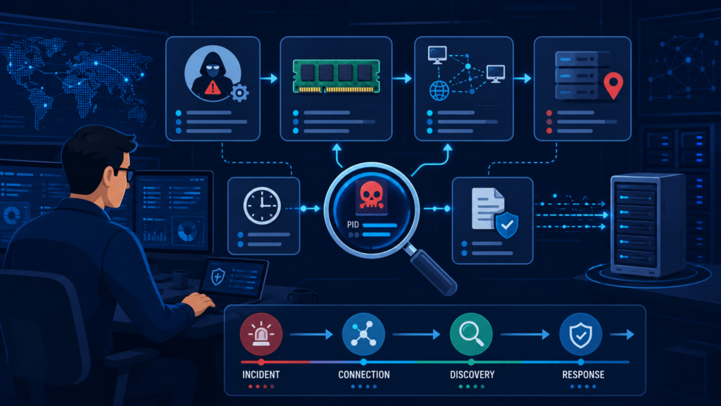 Graphic highlighting memory forensics network connections analysis and data flow.