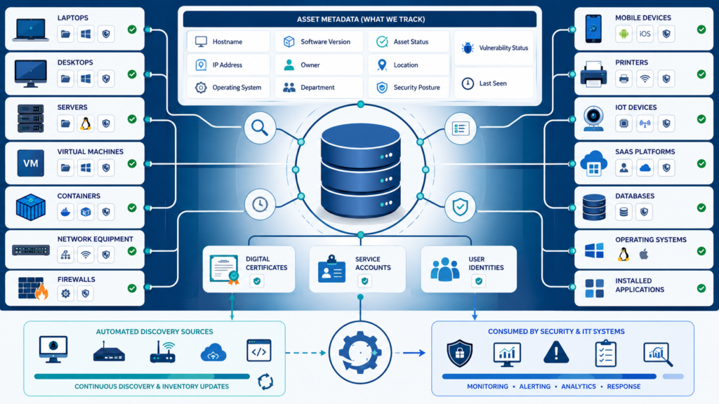 Importance asset inventory security monitoring across cloud, endpoints, and network devices with unified inventory. 