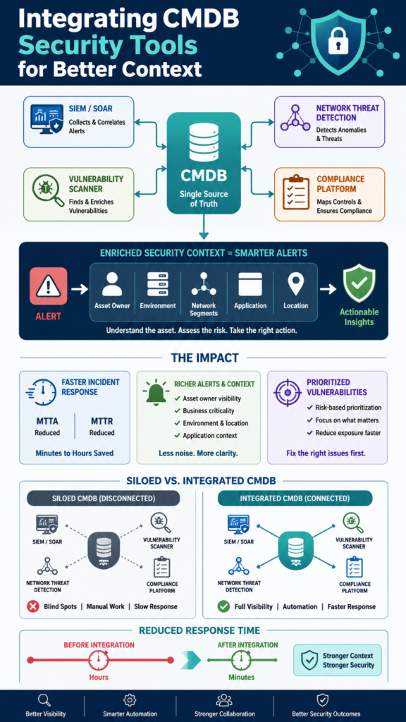 Infographic showing integrating CMDB security tools context across assets, vulnerabilities, ownership, and response. 