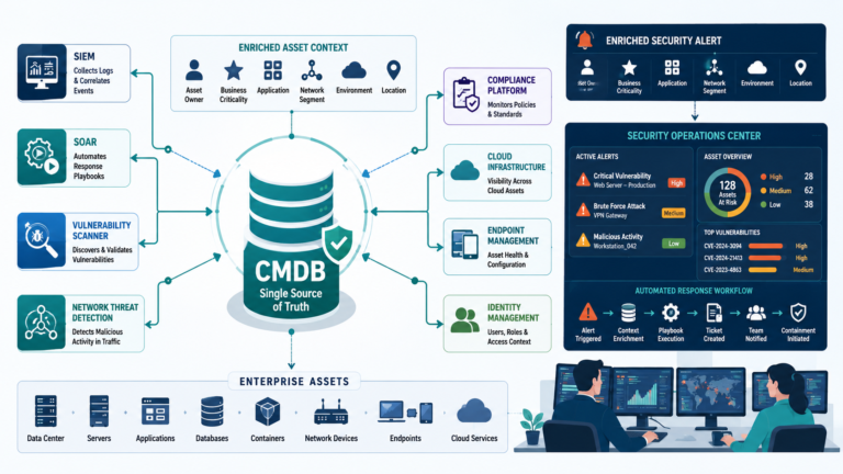 Integrating CMDB security tools context connects asset data with security alerts for faster threat response.