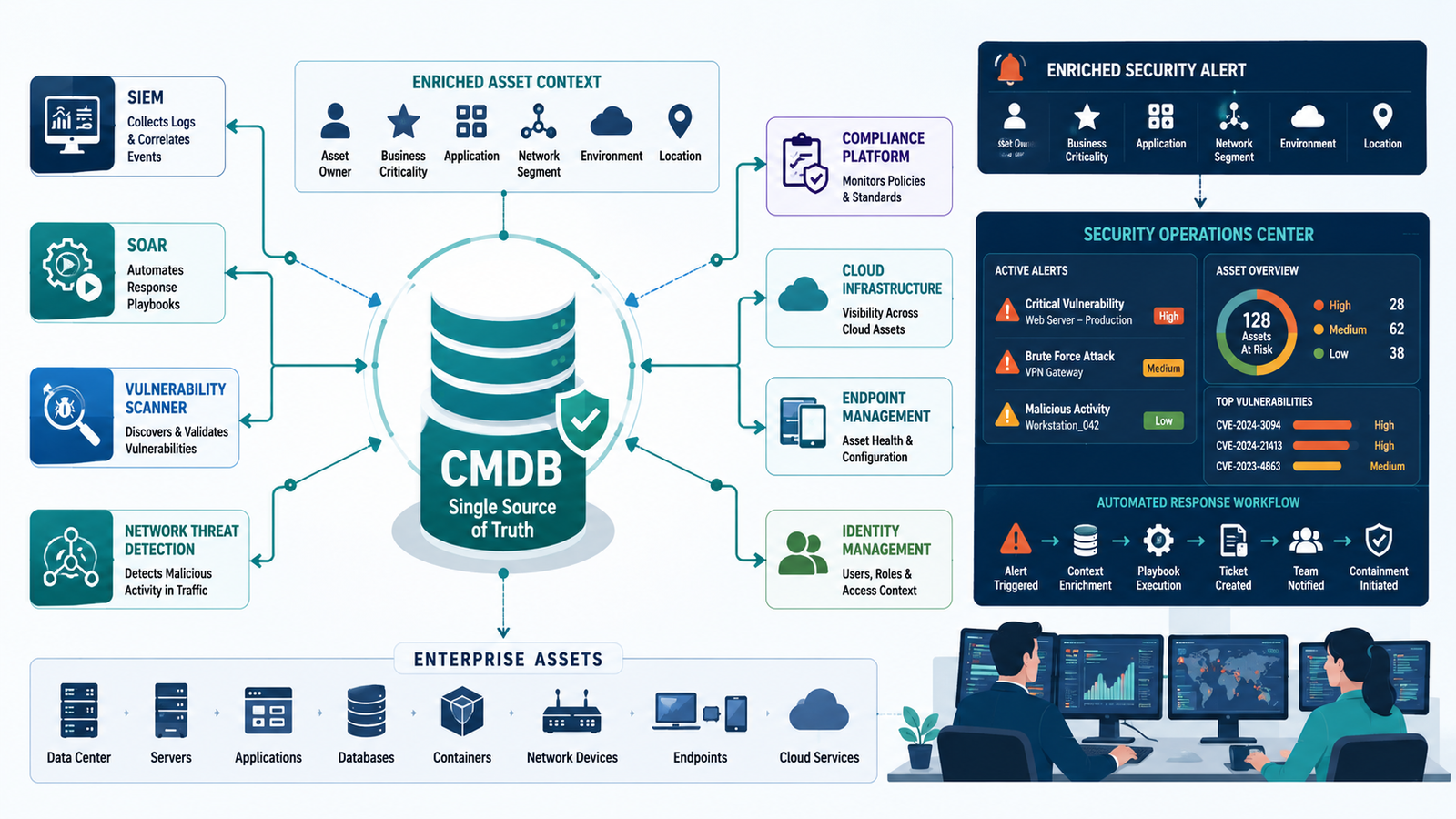 Integrating CMDB security tools context connects asset data with security alerts for faster threat response. 