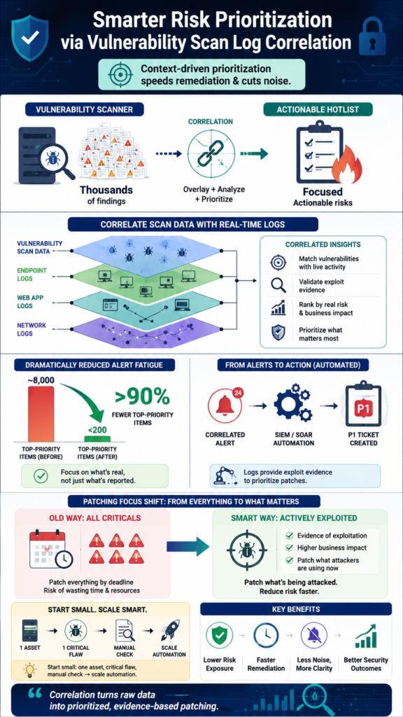 Infographic showing correlating vulnerability scan data logs with assets, risks, alerts, and remediation workflow.