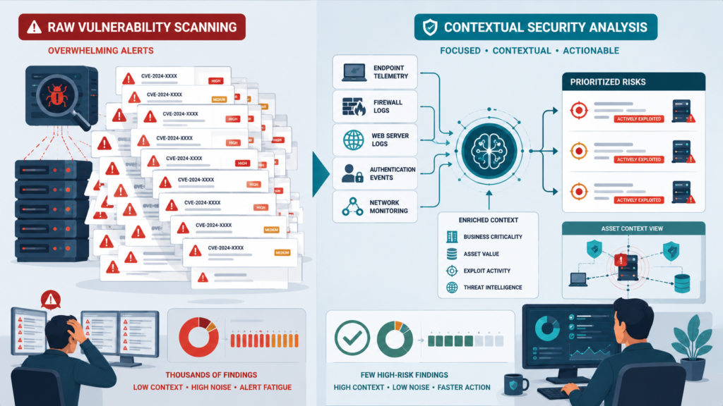 Security analysts use correlating vulnerability scan data logs to prioritize remediation faster.