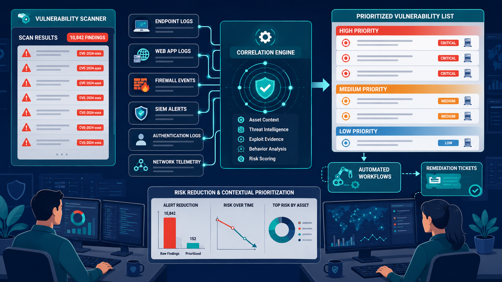 Correlating vulnerability scan data logs helps identify high-risk assets through security context. 